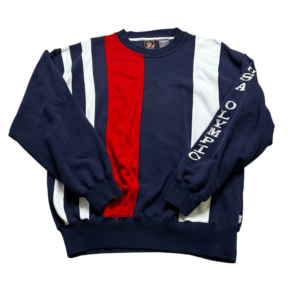 JCPenney USA Olympic Sweatshirt Mens M Navy Blue Vintage 90s Sleeve Spellout